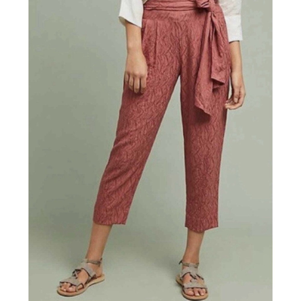 Anthropologie ETT:TWA Rose Jacquard AUBADE‎ TIE-WAIST PANTS Tapered size 14